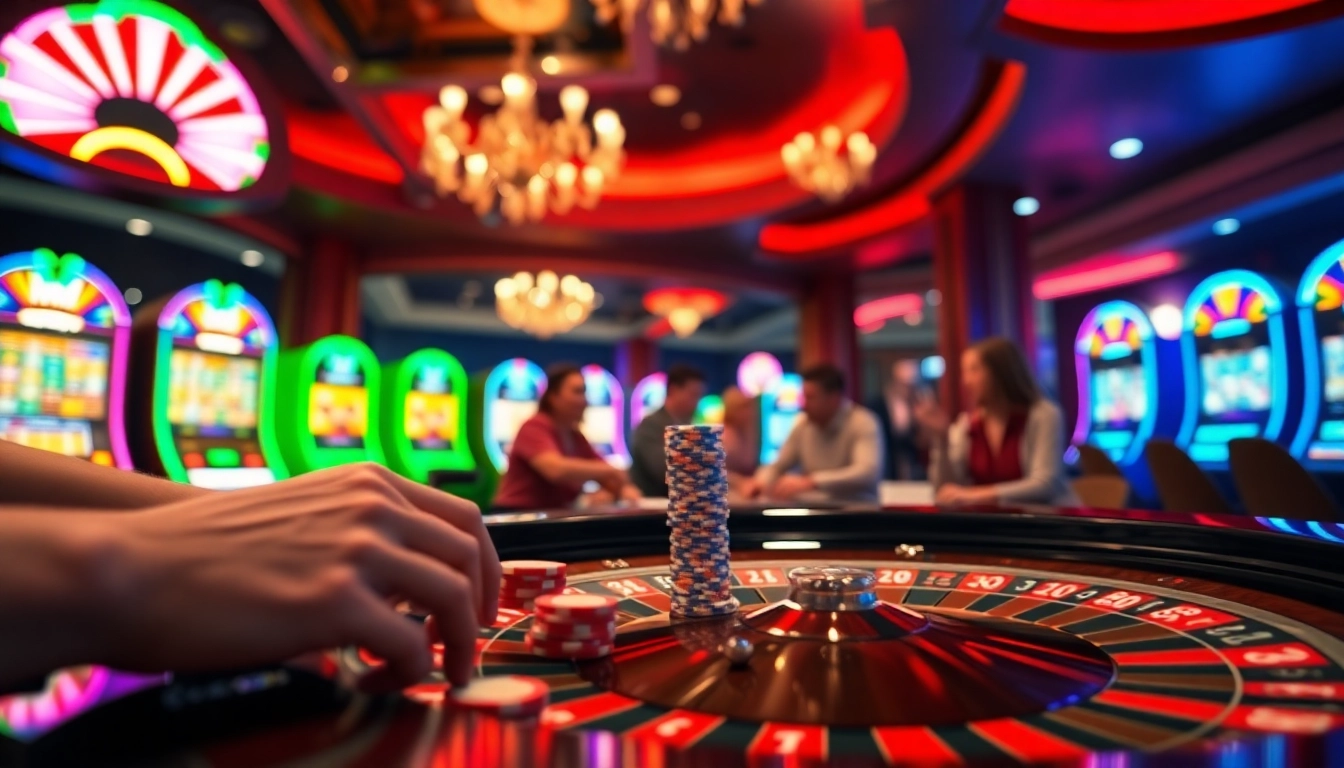 Joueurs enthousiastes placent des paris dans un casino en ligne argent réel vibrant.