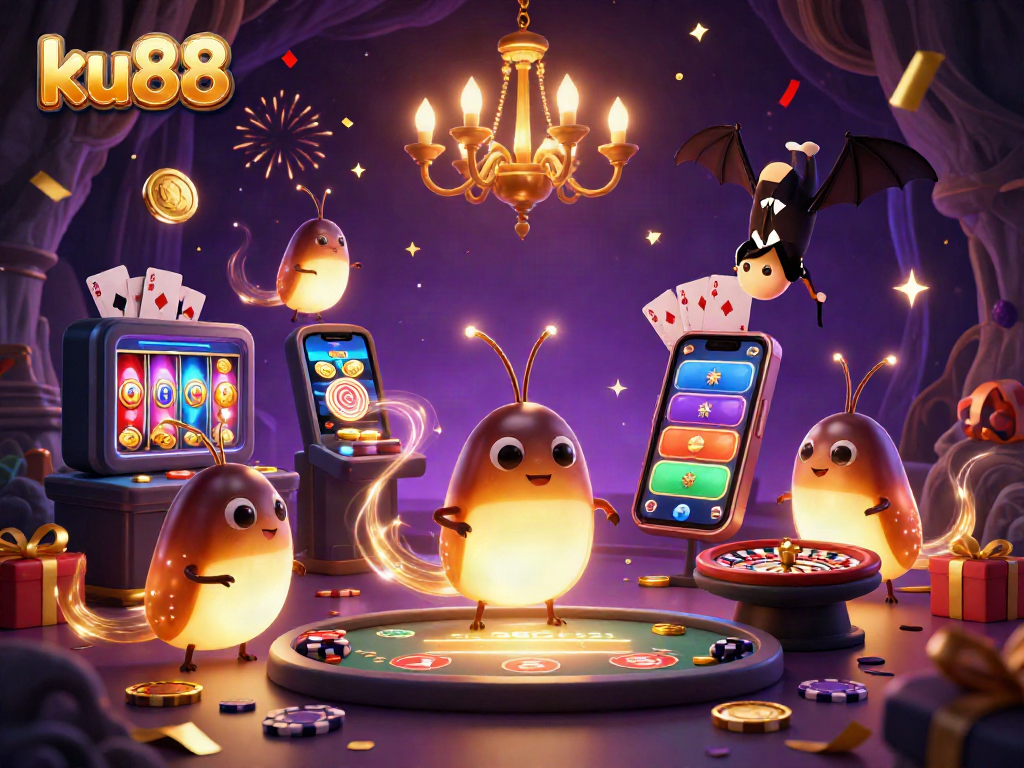 Experience thrilling games at ku88 with colorful slots, coins, and a bat dealer in a dynamic casino scene.