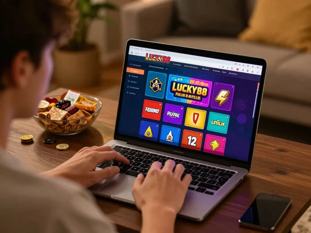 Player engaging with LUCKY88 online casino interface on laptop at home, showcasing strategic betting choices.