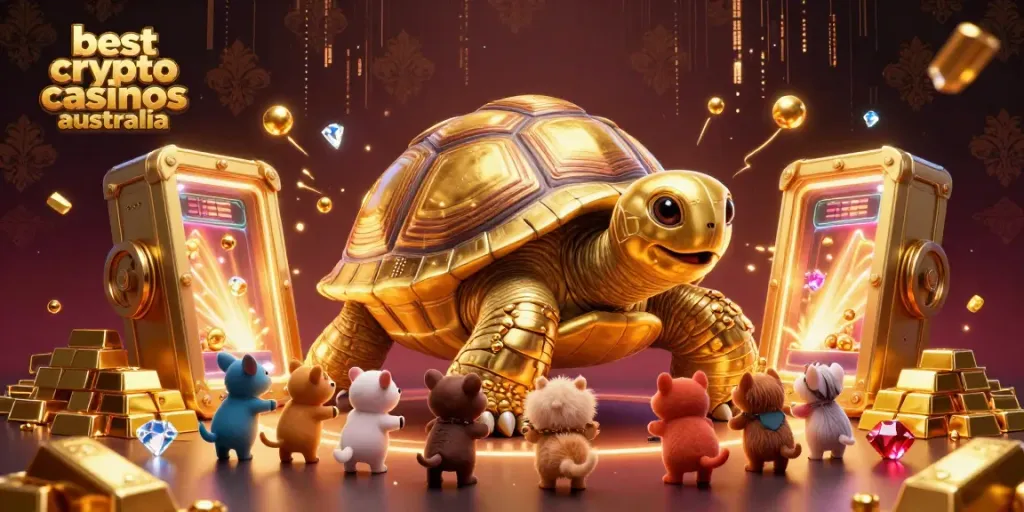 Playing at the best crypto casinos australia with a golden tortoise pinball machine surrounded by treasures.