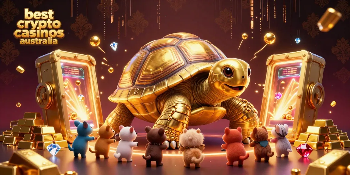 Playing at the best crypto casinos australia with a golden tortoise pinball machine surrounded by treasures.
