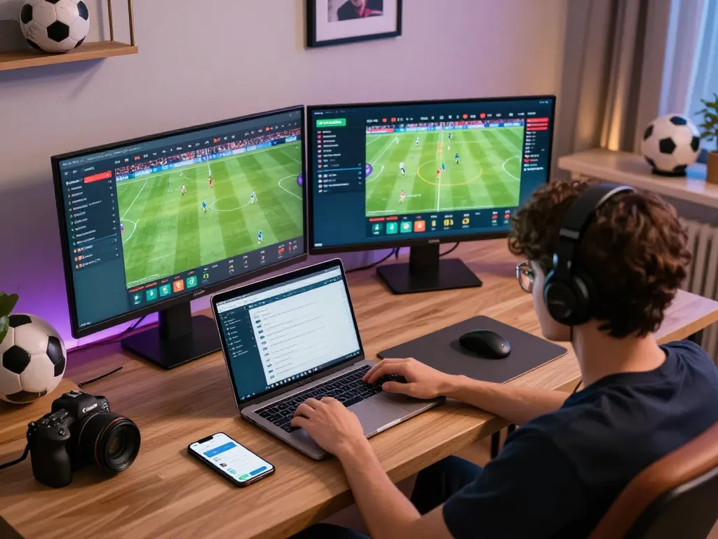 Socolive stream user engaging with live soccer betting options on multiple screens in a stylish home office