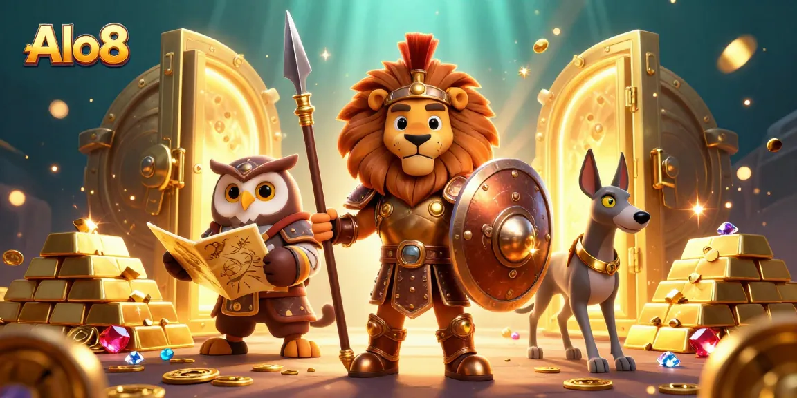 Alo8 showcases thrilling gambling action with heroic characters amidst treasures and casino elements.