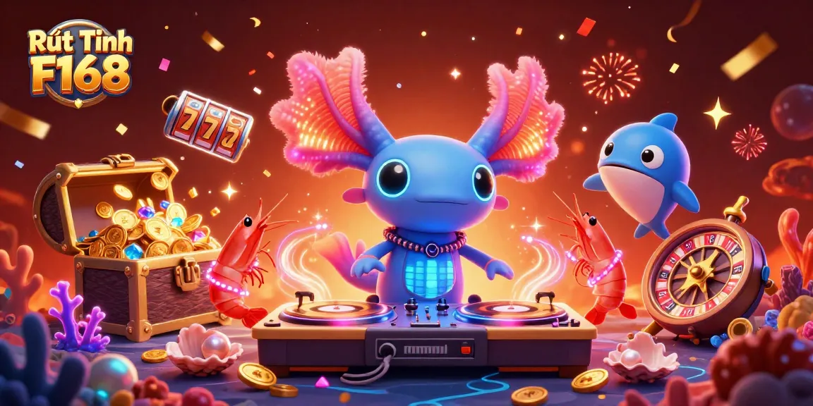 Engage in Rút Tiền F168 with vibrant 3D illustration showcasing a neon axolotl DJ and gambling elements.