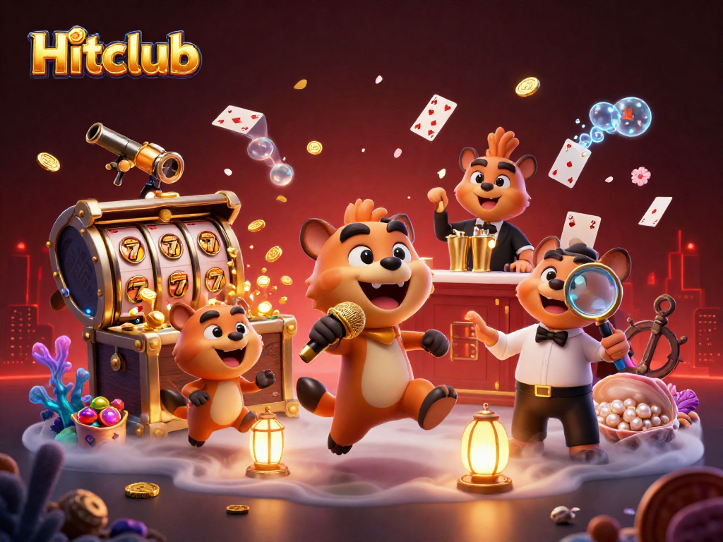 Hitclub features a lively comedy casino scene with hyenas, slot reels, and vibrant characters.