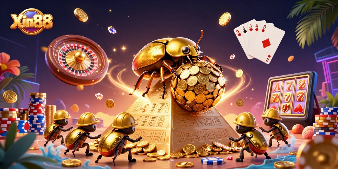 Engage with Xin88's vibrant 3D illustration showcasing a casino adventure with golden coins and dynamic games.
