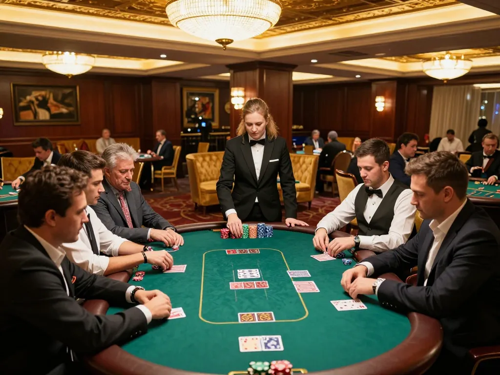 Players engaged in an intense poker game at the GK888 tournament table in a vibrant casino atmosphere.