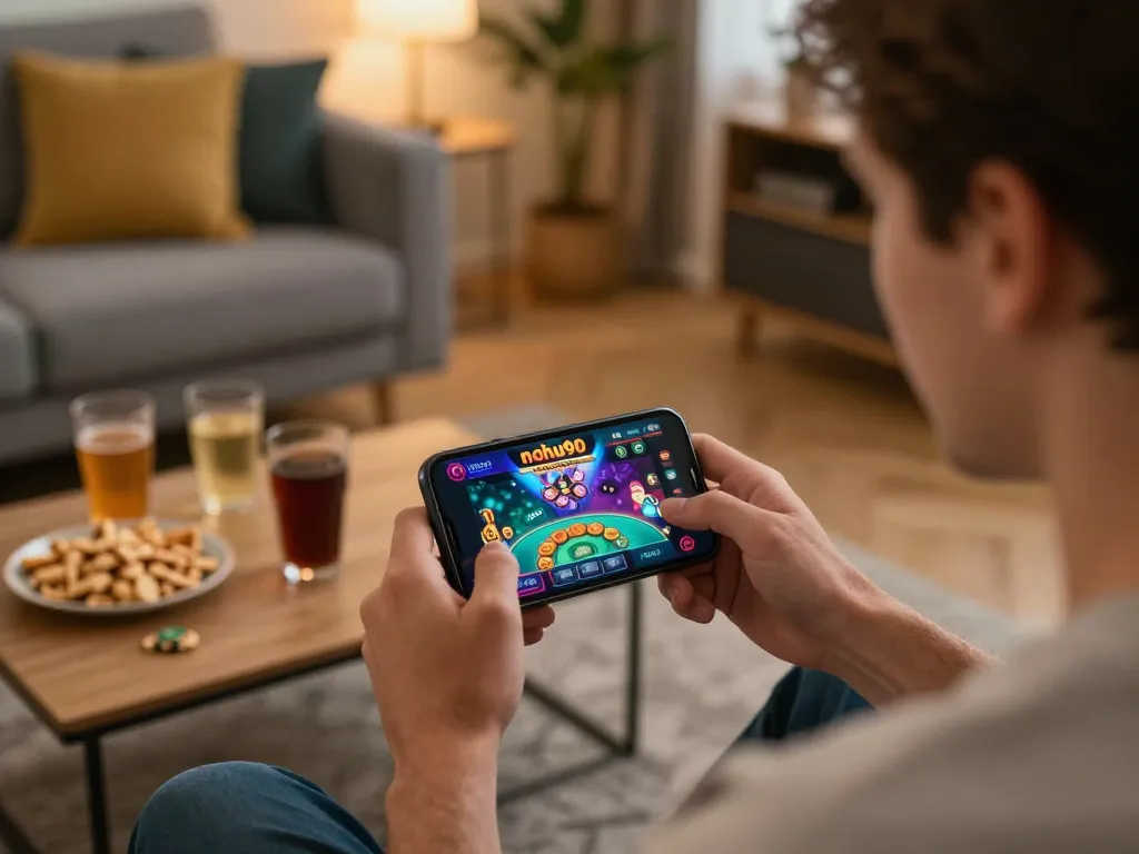 Player engaging with nohu90 casino app on smartphone in a cozy home environment during online gambling session