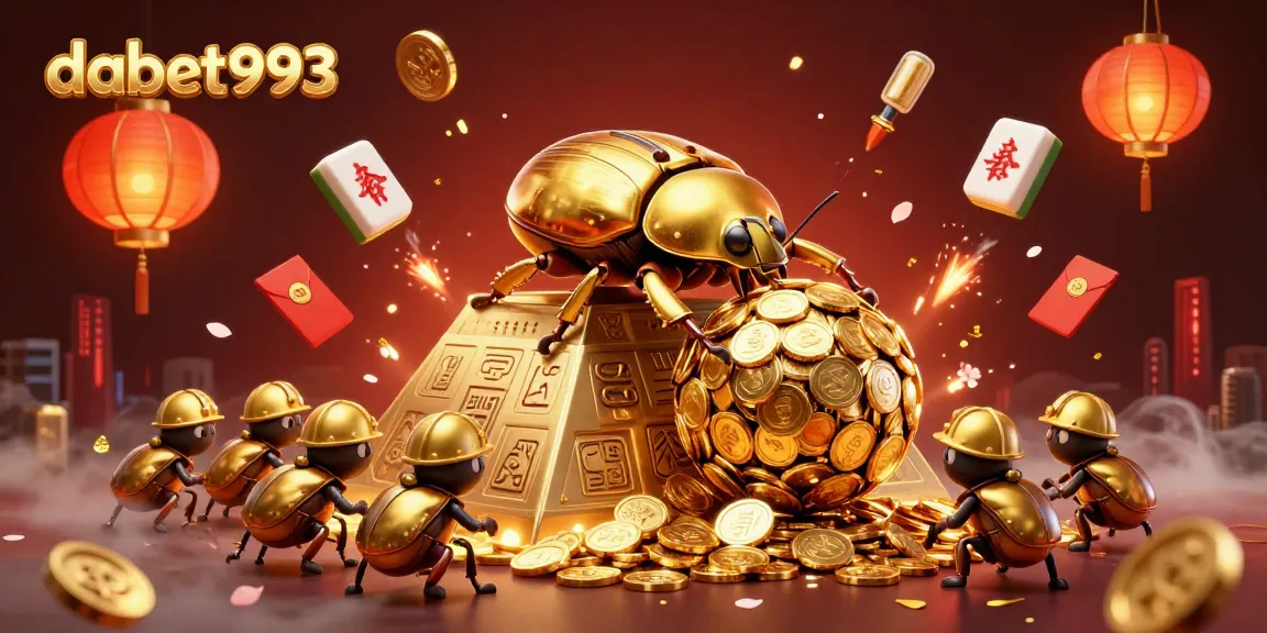 dabet993 offers a dynamic casino experience with golden beetles and colorful gambling symbols in a rich 3D illustration.