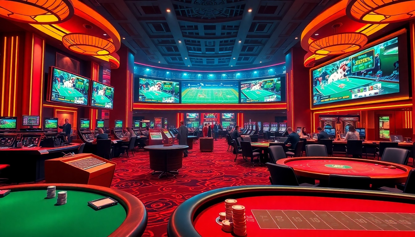 Thrilling gambling scene at a luxurious casino highlighting Thể thao rikbet sports betting options.