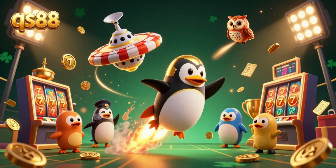Spin the reels at qs88 online casino with a golden penguin and dynamic elements in a vibrant 3D scene.