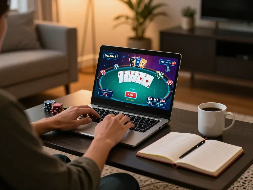TG88 online poker gameplay action displayed on a laptop, showcasing a vibrant gaming interface.