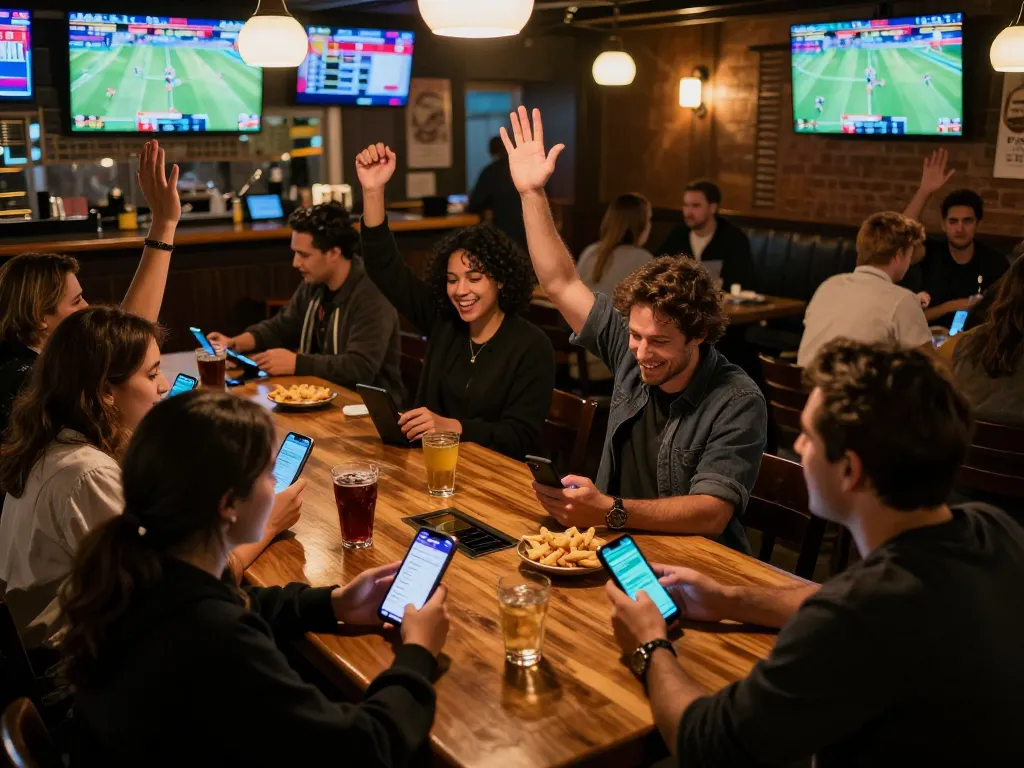 Engaged friends placing bets while enjoying soi kèo sports betting at a lively bar