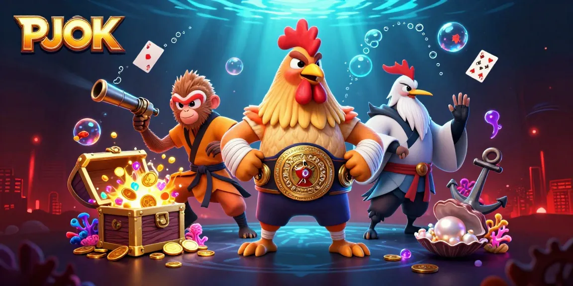 PJOK offers a vibrant 3D scene showcasing dynamic casino characters and game elements like gold coins and floating cards.