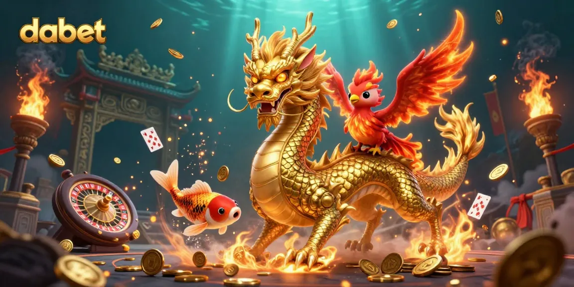 Dabet unleashes a thrilling gaming experience featuring a golden dragon, phoenix, and koi fish amidst a dynamic casino setting.