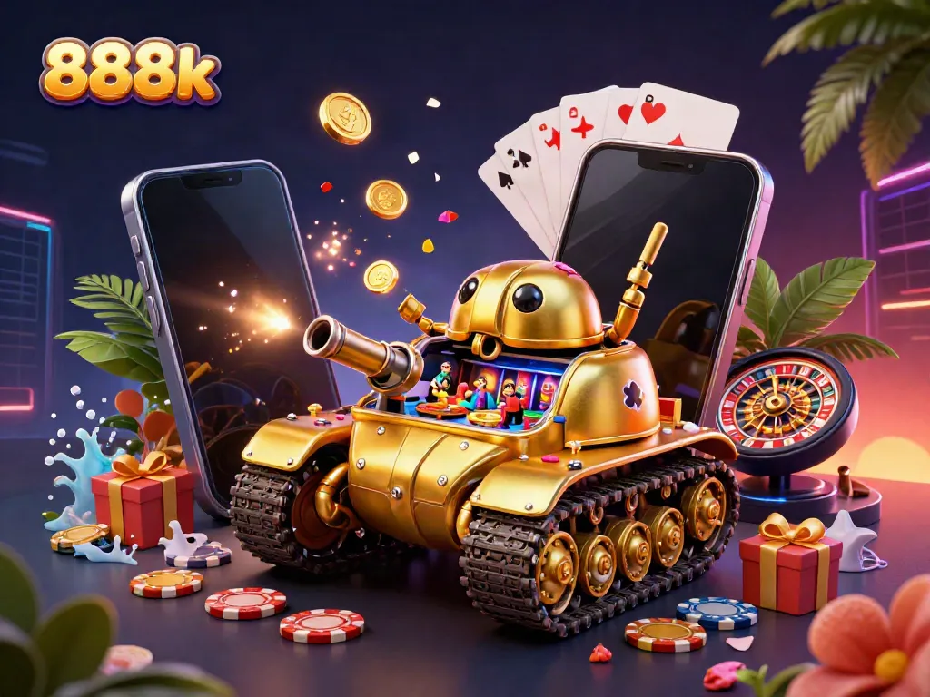 Engage with 888k's vibrant 3D casino scene featuring a golden beetle tank and lively game elements.