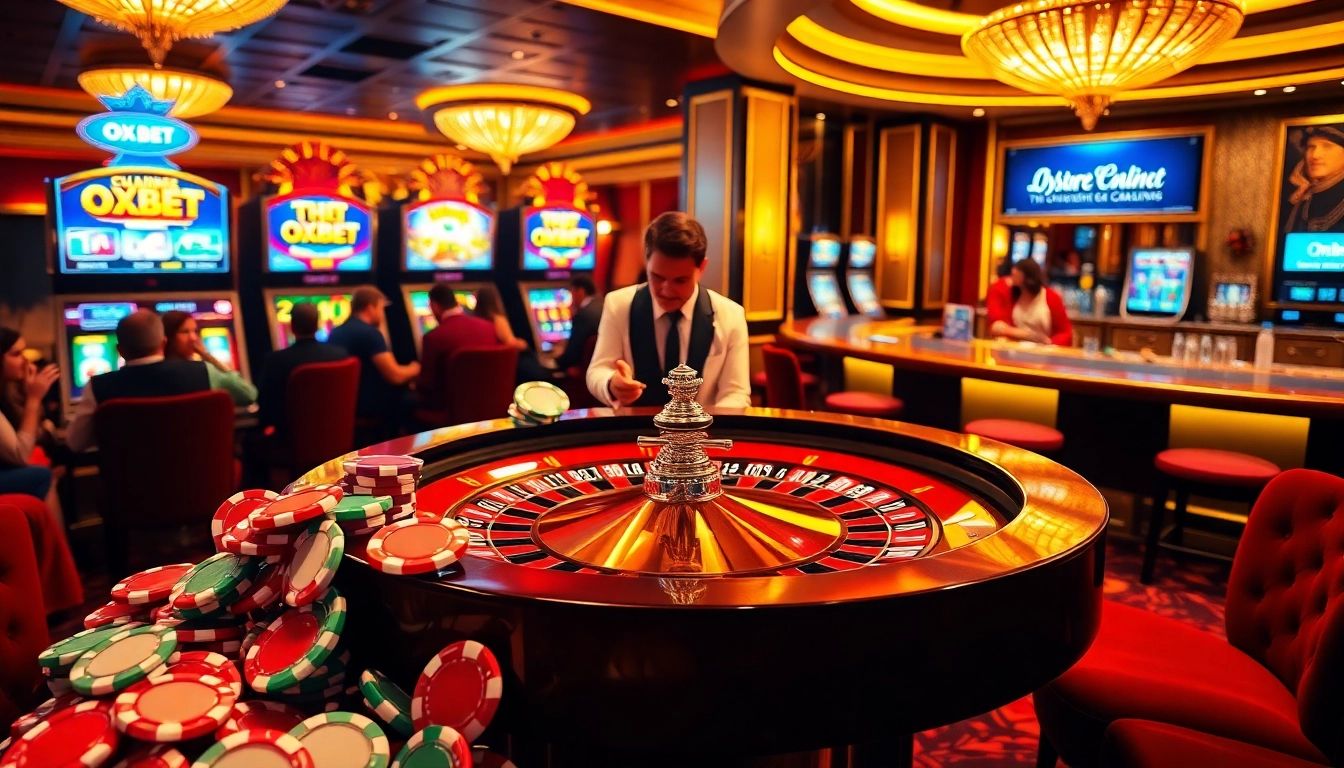Experience thrill and luxury at oxbet's vibrant casino with roulette, poker chips, and slot machines.