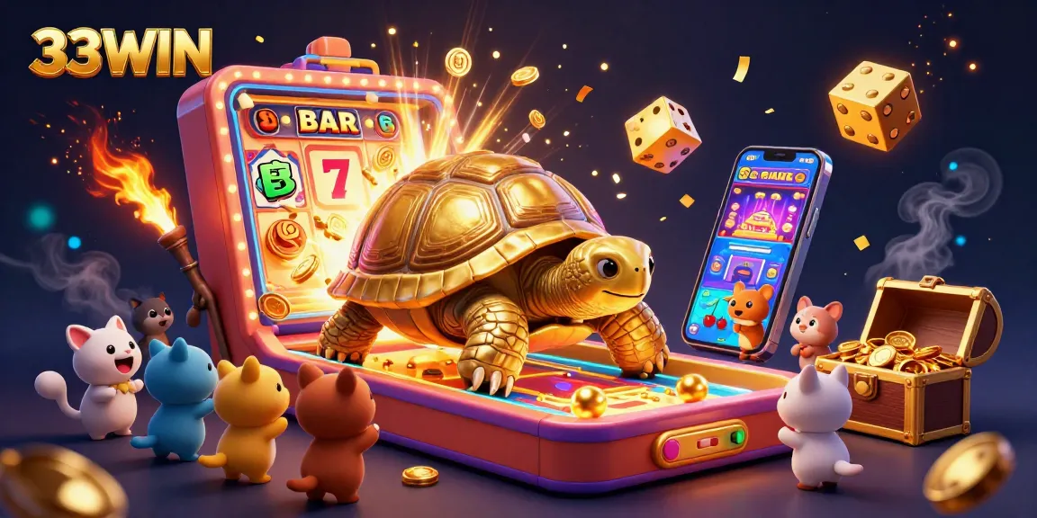 Experience the excitement at 33WIN with a colossal golden tortoise pinball machine surrounded by dazzling casino games and vibrant jackpots.