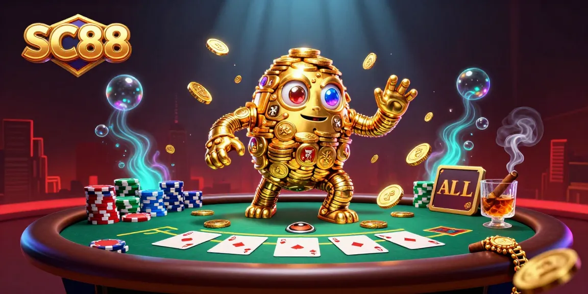 Engage with thrilling SC88 casino action featuring golden golem and poker elements dynamically arranged.