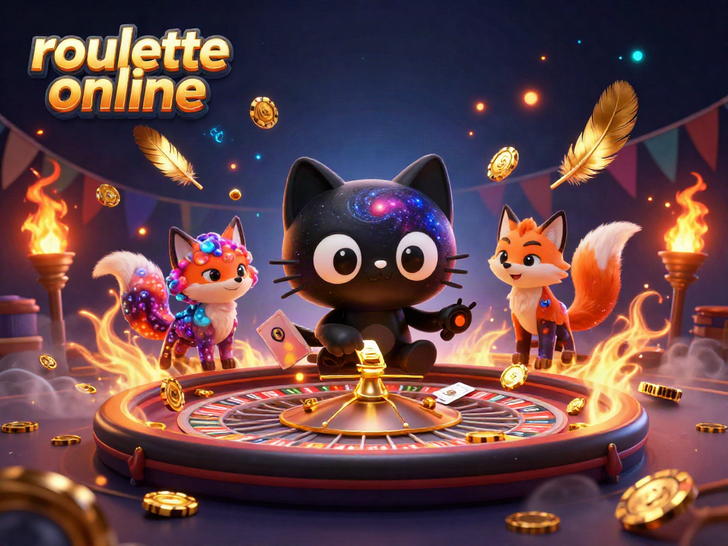 Experience the thrill of roullete online with a cartoon black hole cat and nebula fox at a cosmic roulette table.