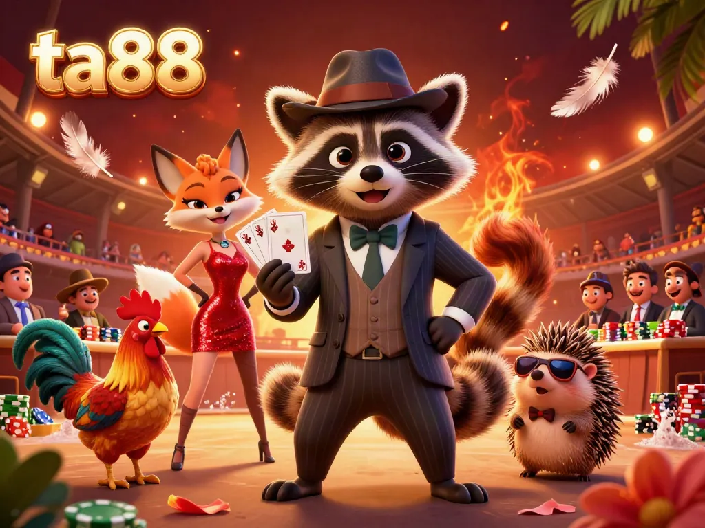 Experience the excitement of ta88 with a raccoon holding a royal flush at a cockfighting event.