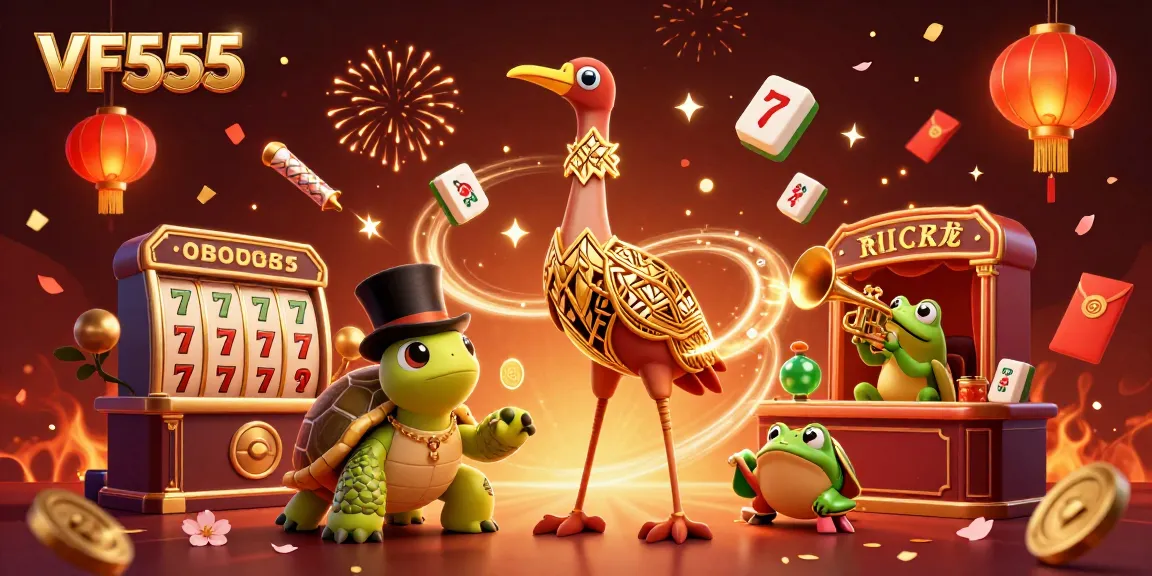 Experience the exhilarating VF555 casino atmosphere with vibrant characters and dynamic slot game elements.