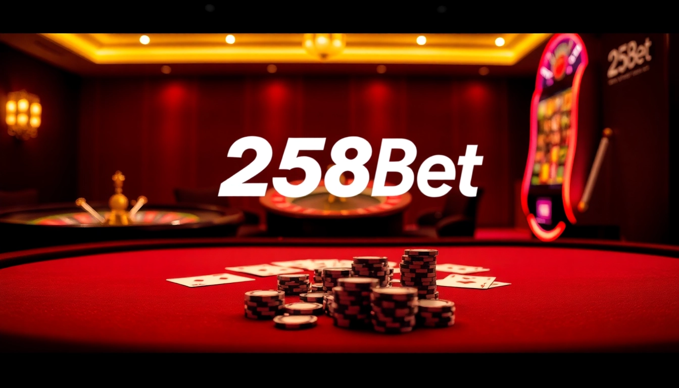 Experience the thrill of winning at 258bet with an elegant casino scene showcasing a vibrant gaming table.