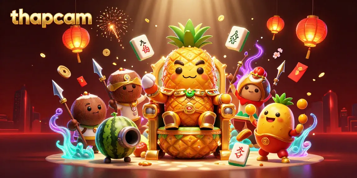 Engage in the thrilling world of thapcam with vibrant casino-themed 3D illustration featuring a pineapple king and friends.