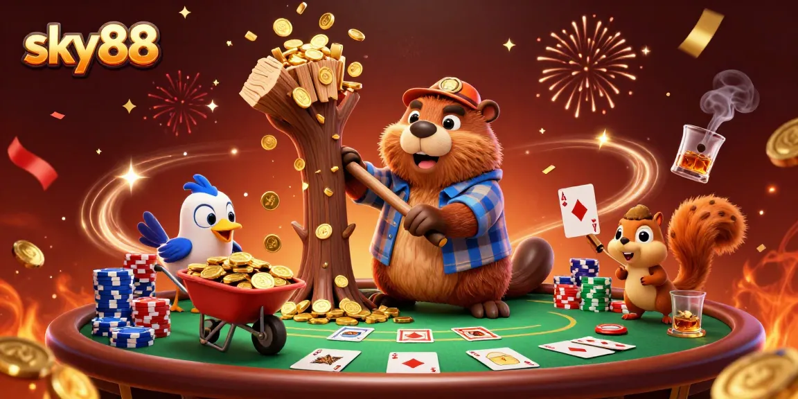 Experience sky88 excitement with animated characters amidst coins and poker tables for online gambling.