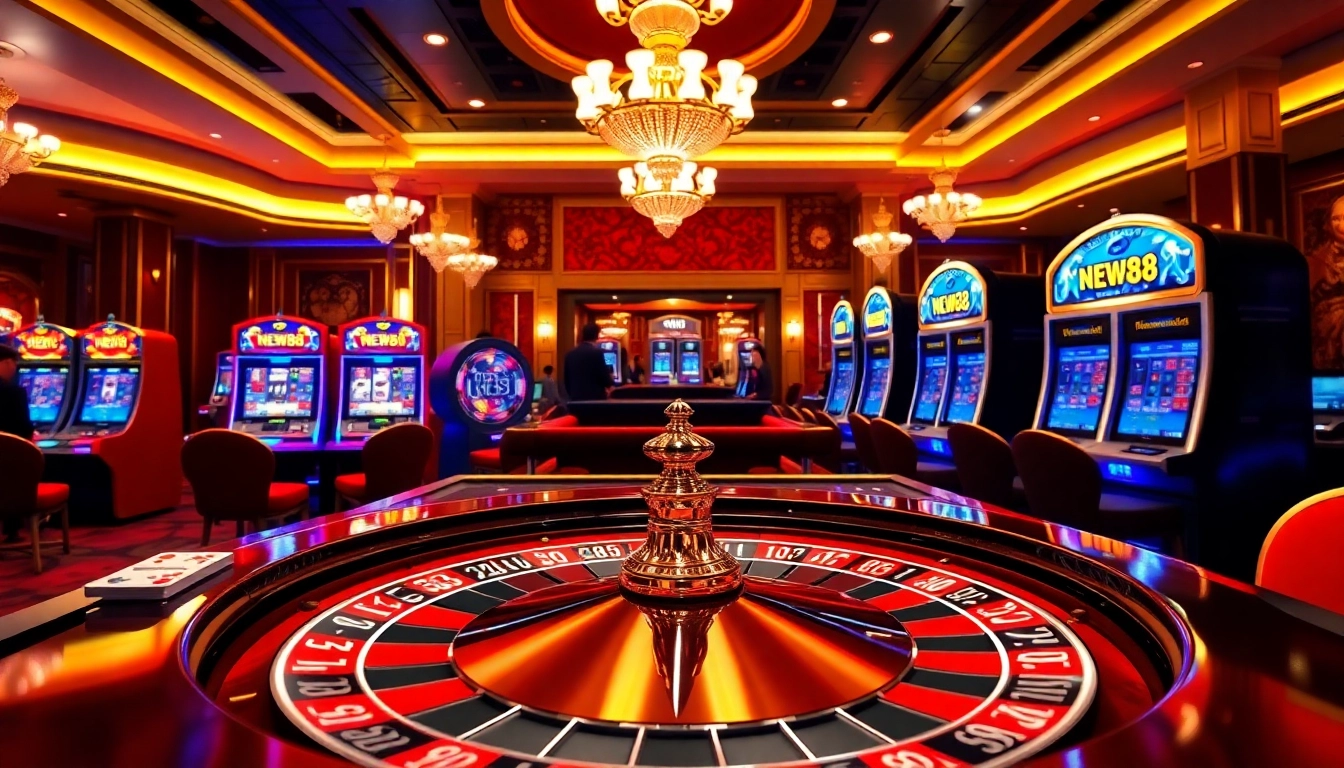 Experience the thrill of gaming at NEW88 with roulette tables and dynamic slot machines.