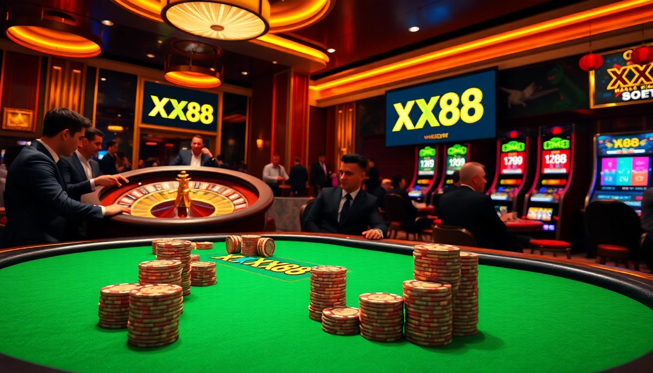 Players immersed in an exciting game at XX88's luxurious casino tables.
