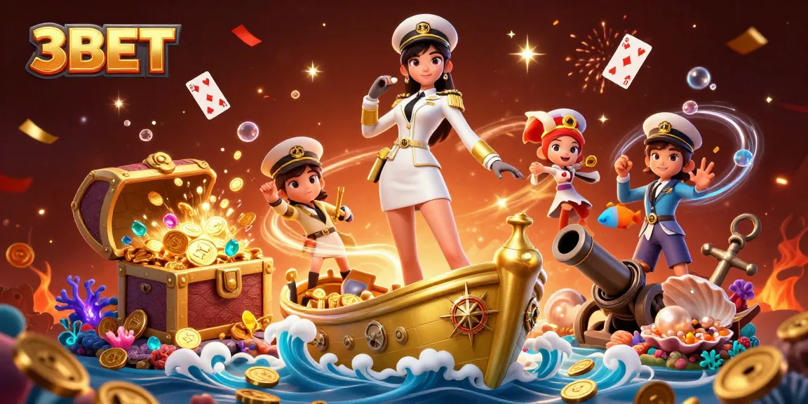 Engage with the thrilling world of 3BET, showcasing a dynamic casino scene with vibrant characters and treasures.