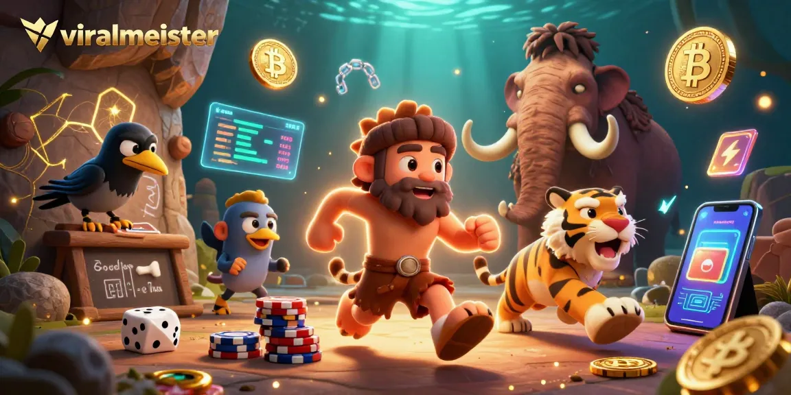 Engage with viralmeister's vibrant casino scene showcasing a caveman duo and their clever crow companion amid glowing crypto coins.
