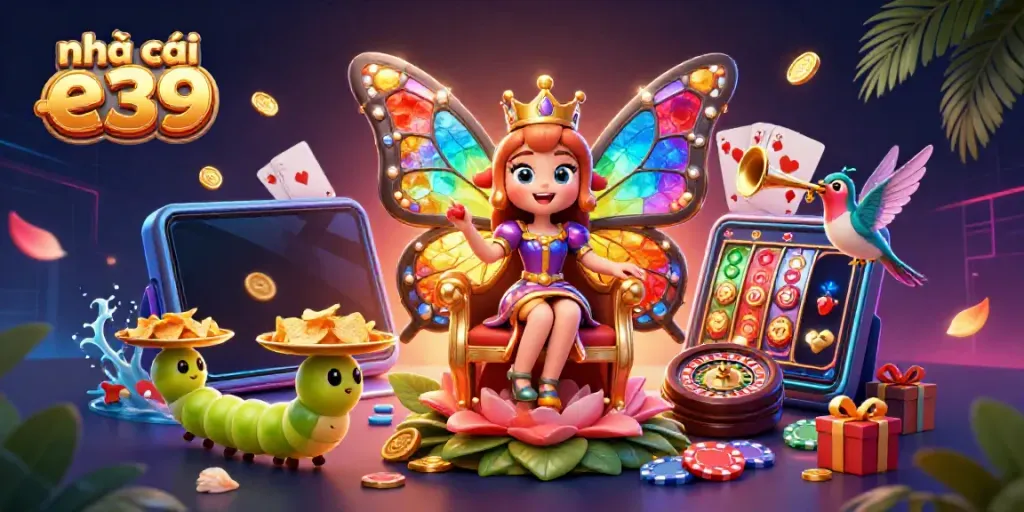 Spin and win at nhà cái e39 with vibrant casino-themed 3D illustration featuring a butterfly queen!