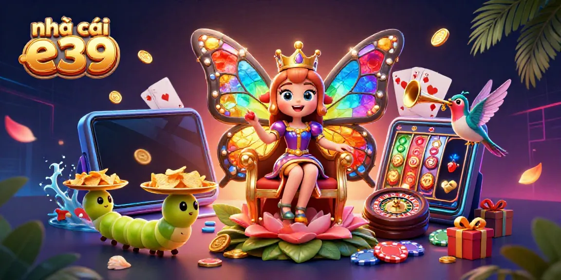 Spin and win at nhà cái e39 with vibrant casino-themed 3D illustration featuring a butterfly queen!