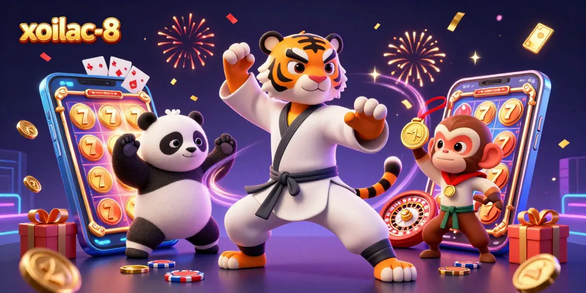 Xoilac-8 showcases a vivid gambling scene featuring a kung fu tiger master with casino elements and celebration effects.