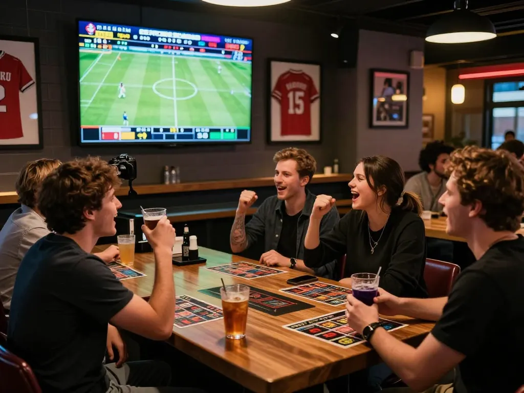 Catch thrilling sports betting action at cm88 with friends cheering and engaging in lively bets.