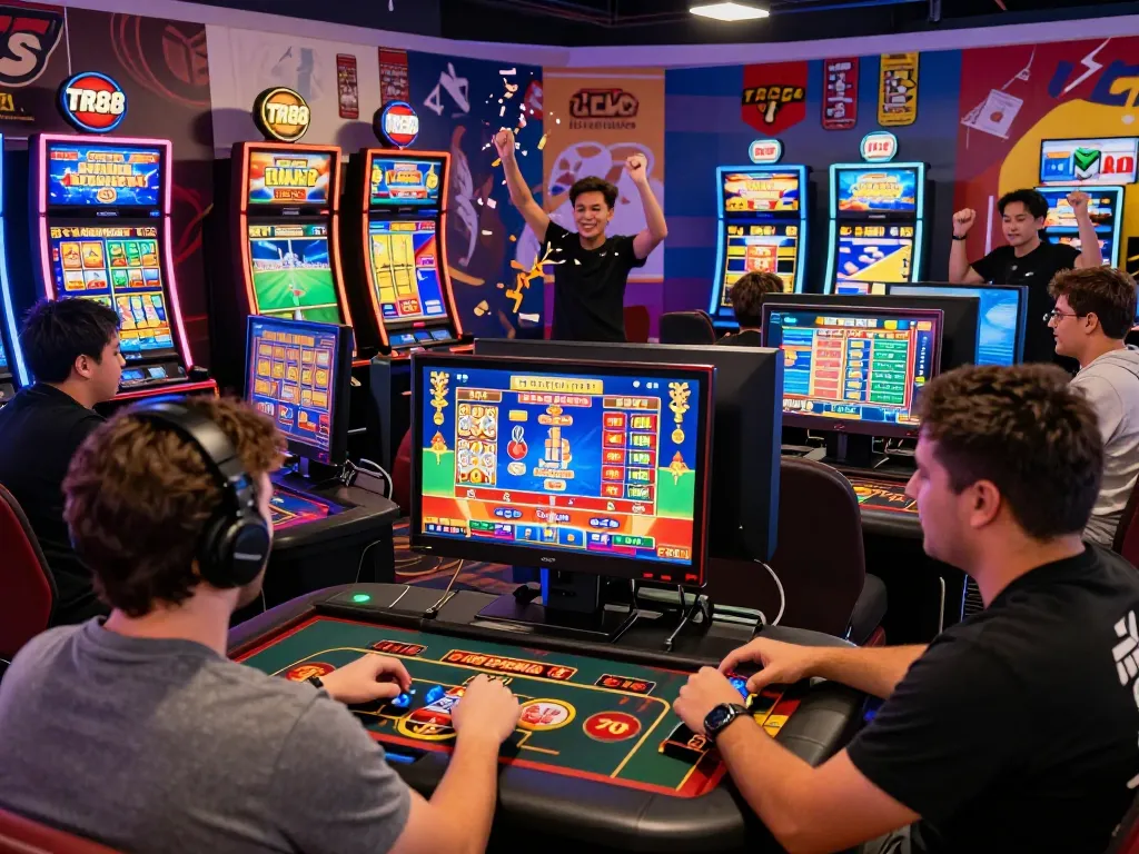 Exciting TR88 gaming scene with players enjoying diverse casino games in a vibrant digital atmosphere.