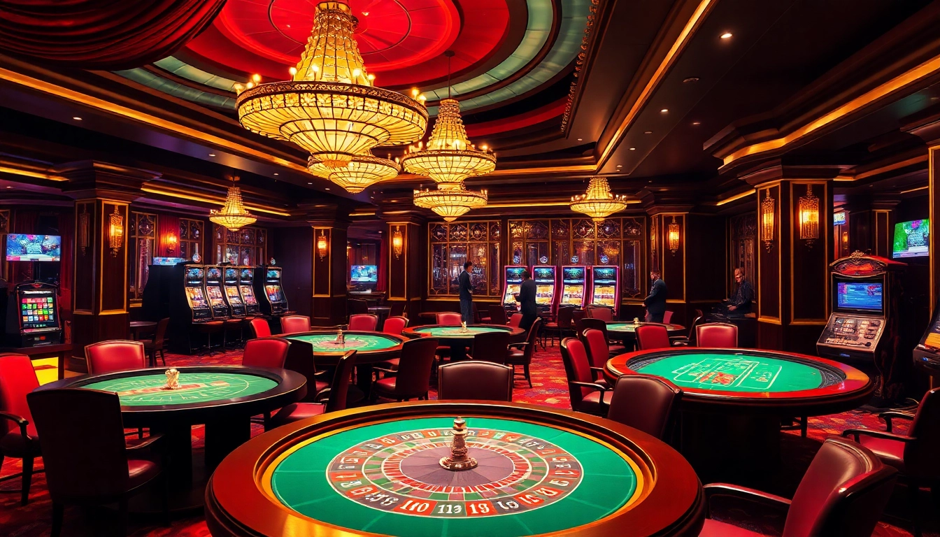 Exciting casino scene highlighting nhà cái thabet with players at luxury tables and vibrant slot machines.