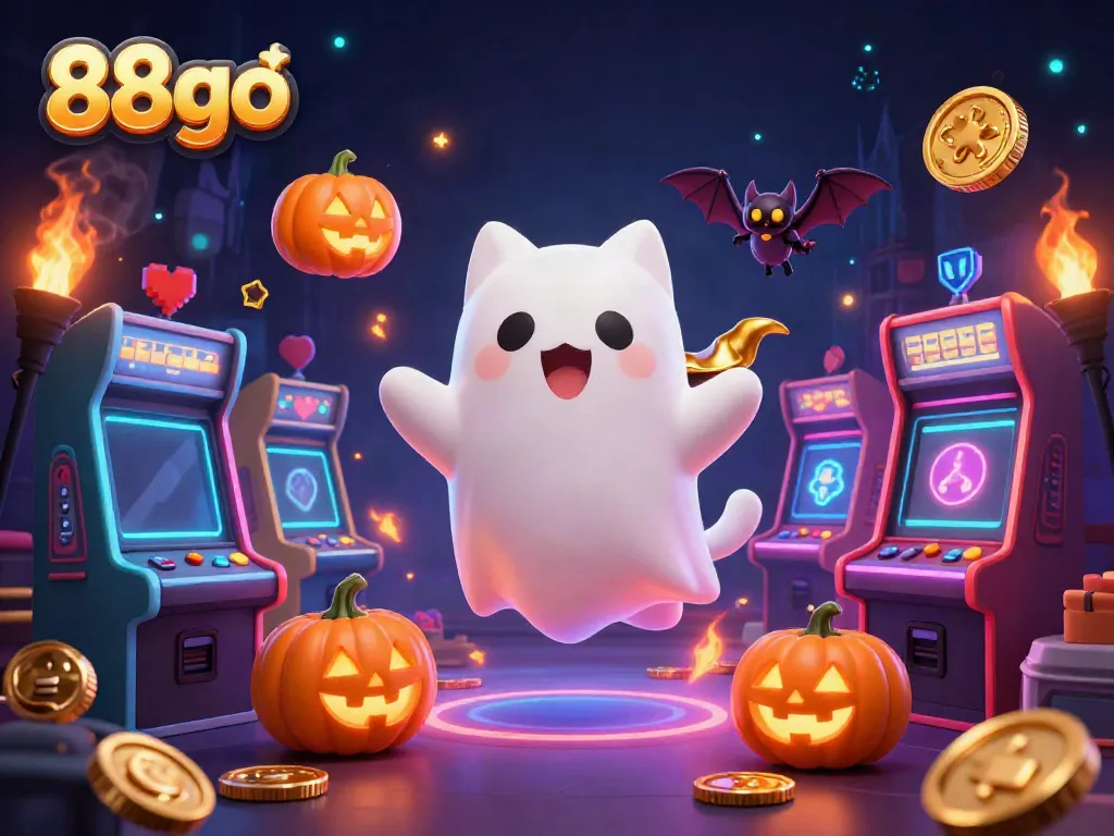 Experience 88go's thrilling haunted casino adventure with friendly ghost cat and bat companion.