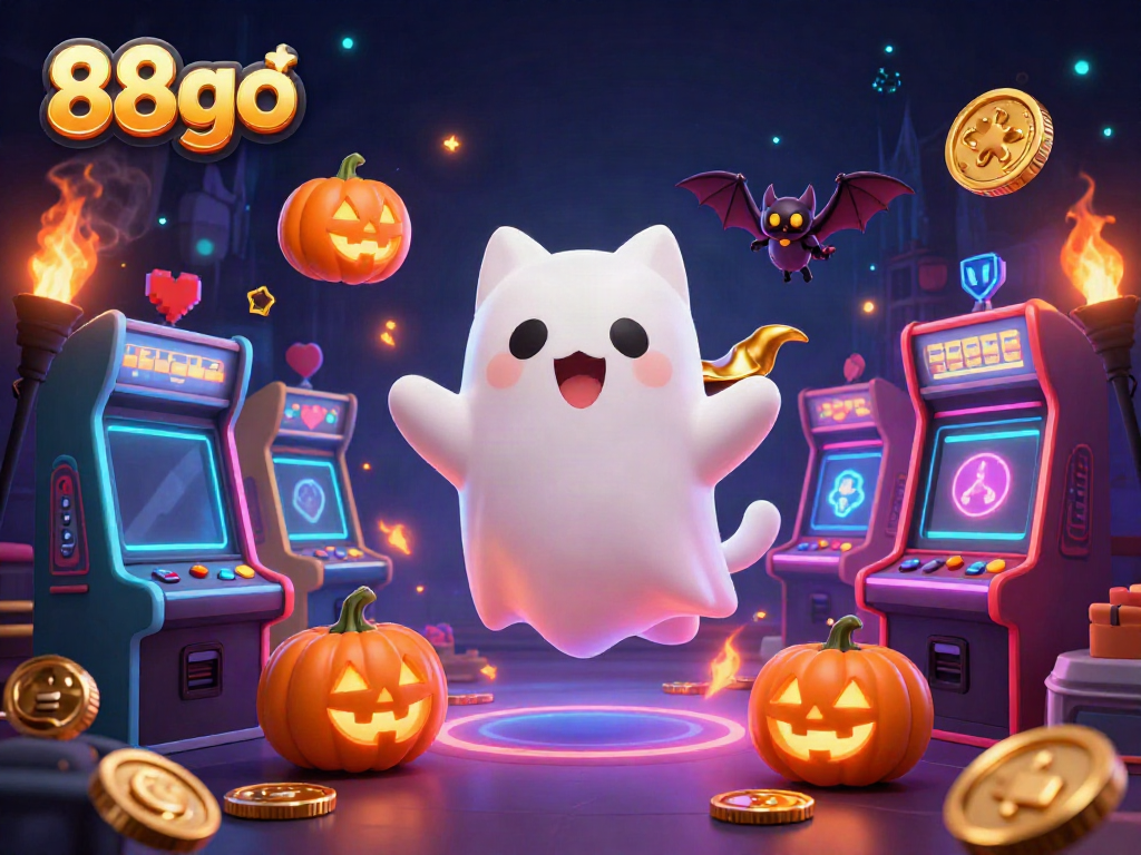 Experience 88go's thrilling haunted casino adventure with friendly ghost cat and bat companion.