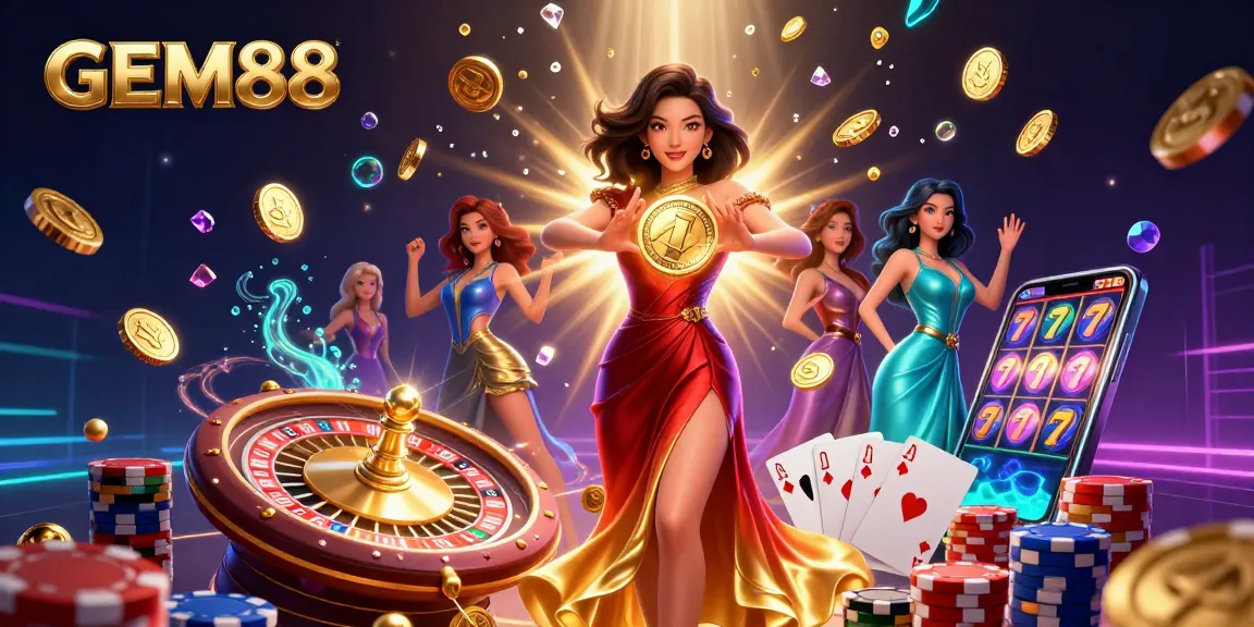 Experience GEM88’s thrilling online casino atmosphere with vibrant 3D illustration showcasing games and winnings.