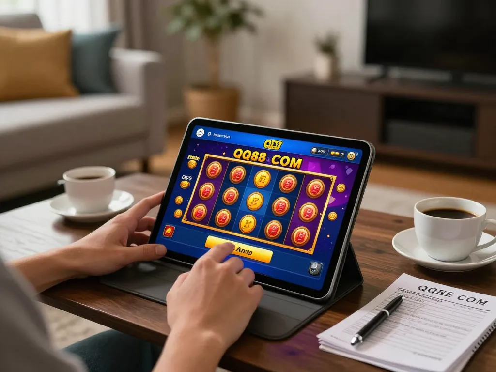 Player enjoying the QQ88 COM casino app on a cozy home setup, strategizing over slot games.