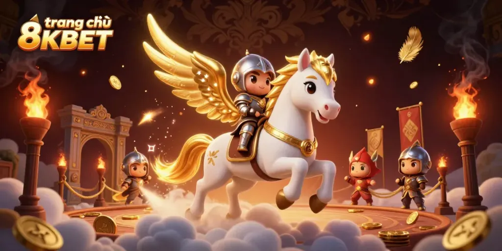 Experience the excitement of trang chủ 8KBET with a celestial horse and armored knight in a dynamic casino scene.