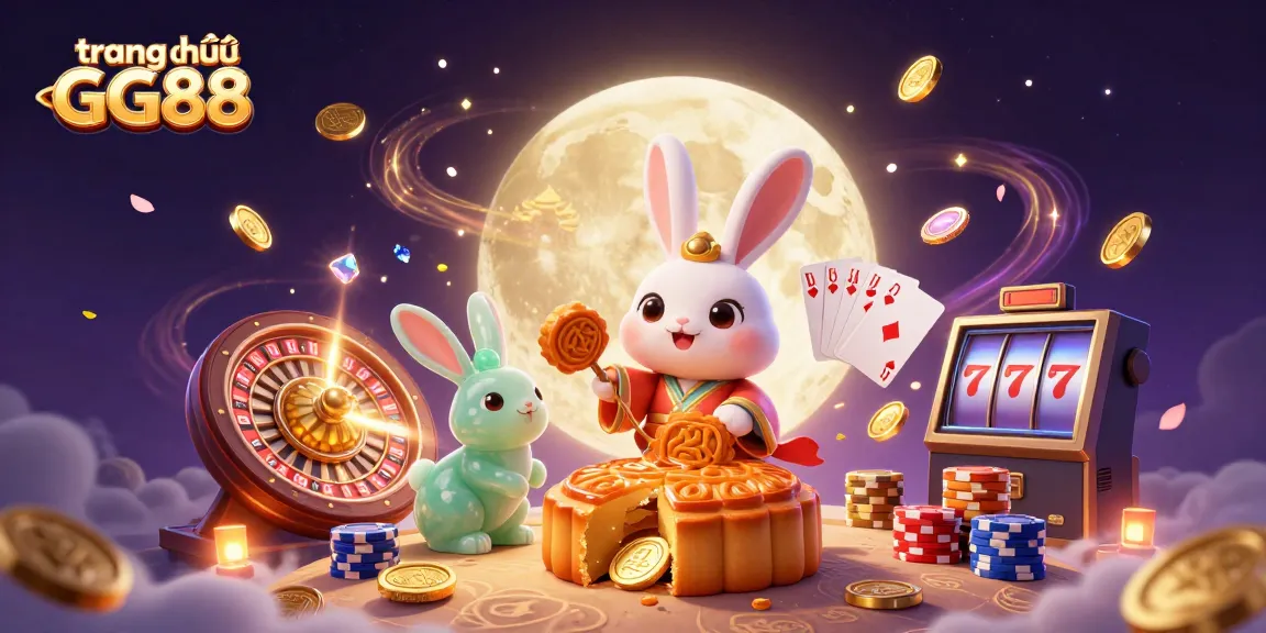 Experience excitement at trang chủ GG88 with a lively 3D scene featuring a moon rabbit and casino elements.