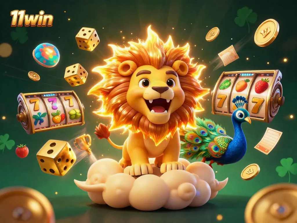Experience vibrant gaming excitement at 11win with a dynamic scene featuring a roaring sun lion and animated slot games.