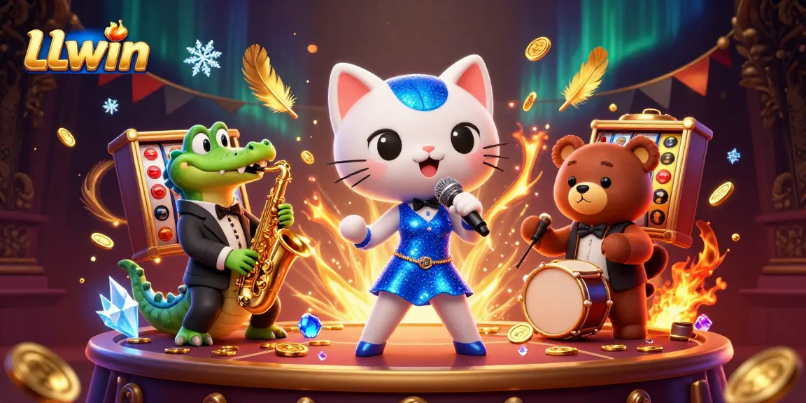 Experience thrilling gameplay at LLwin with vibrant casino characters amidst swirling gold and slot elements.