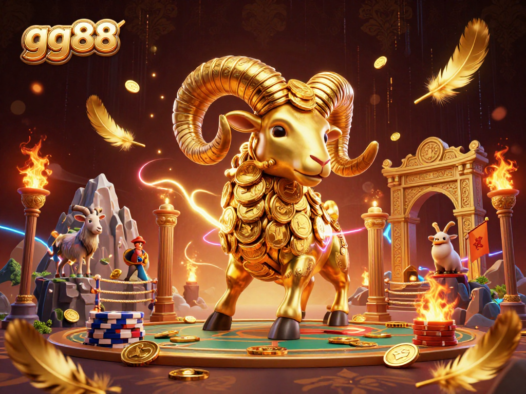 Betting action featuring gg88's golden ram amidst a dynamic sports betting arena, rich with colorful elements.