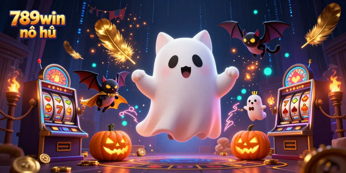 Experience the thrill of 789win nổ hũ with the ghost cat and slot machines in this vibrant casino scene.