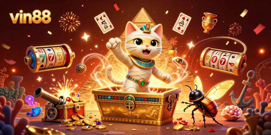 Experience the thrill of vin88 with an Egyptian mummy cat and treasures in a vibrant casino setting.